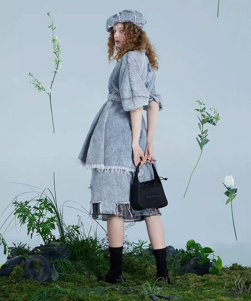 Washed Denim Belted Flare Dress